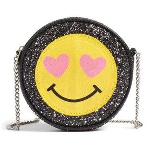 Girls Smiley Face Glitter Sparkle Purse with Gold Chain Strap, Super Cute!!